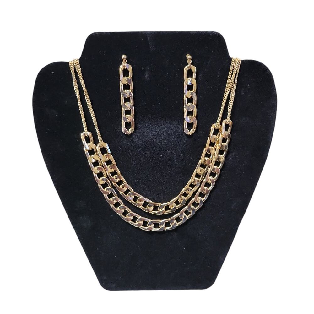 Lane Bryant Curb Chain Layered Necklace & Flat Drop Earrings, 19" + 4" Gold Tone